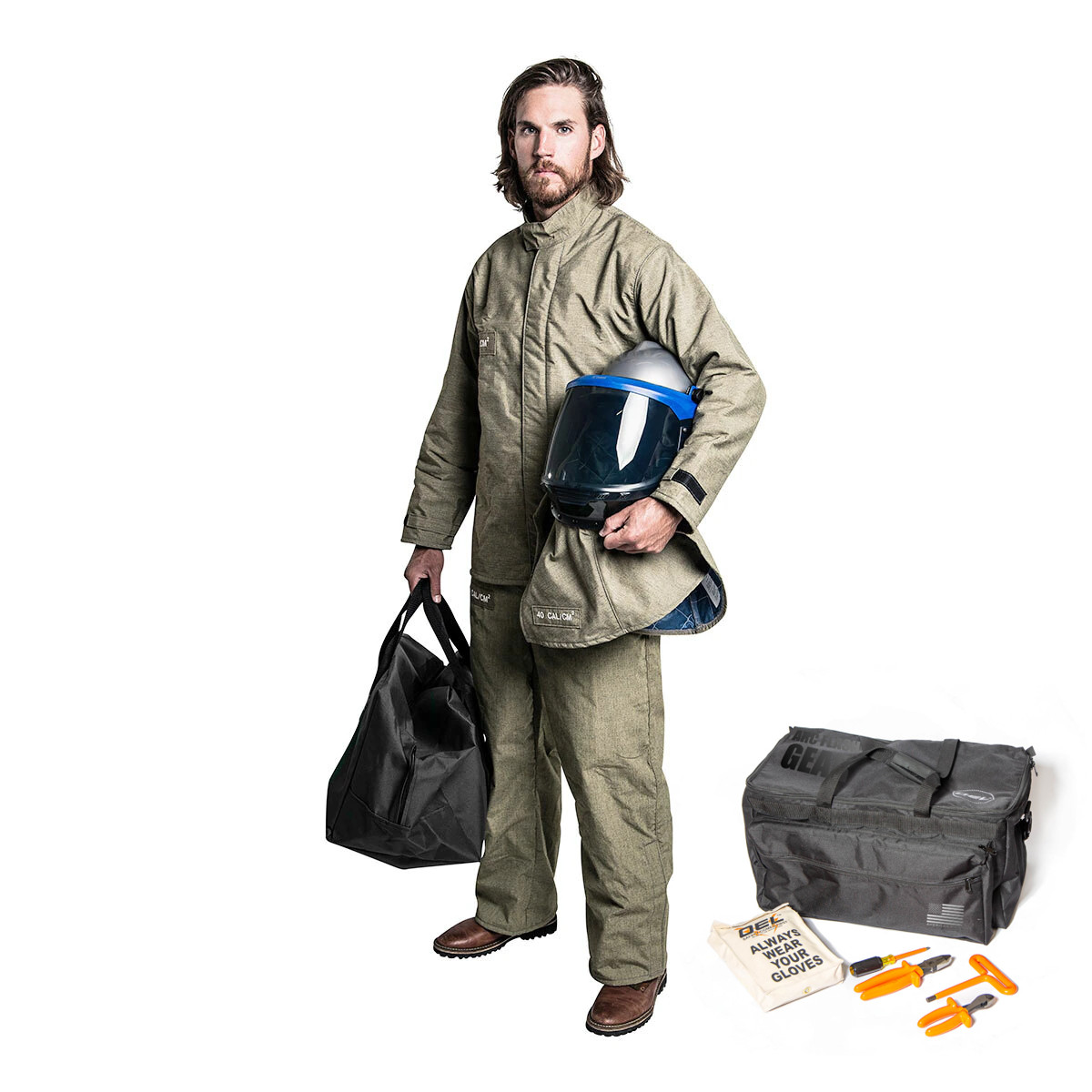 OEL Premium 40 Cal/cm2 CAT 4 Jacket and Bib Overalls Arc Flash Kit with Lift Front Hood, Fan Unit and Articulating Lights, NFPA 70E